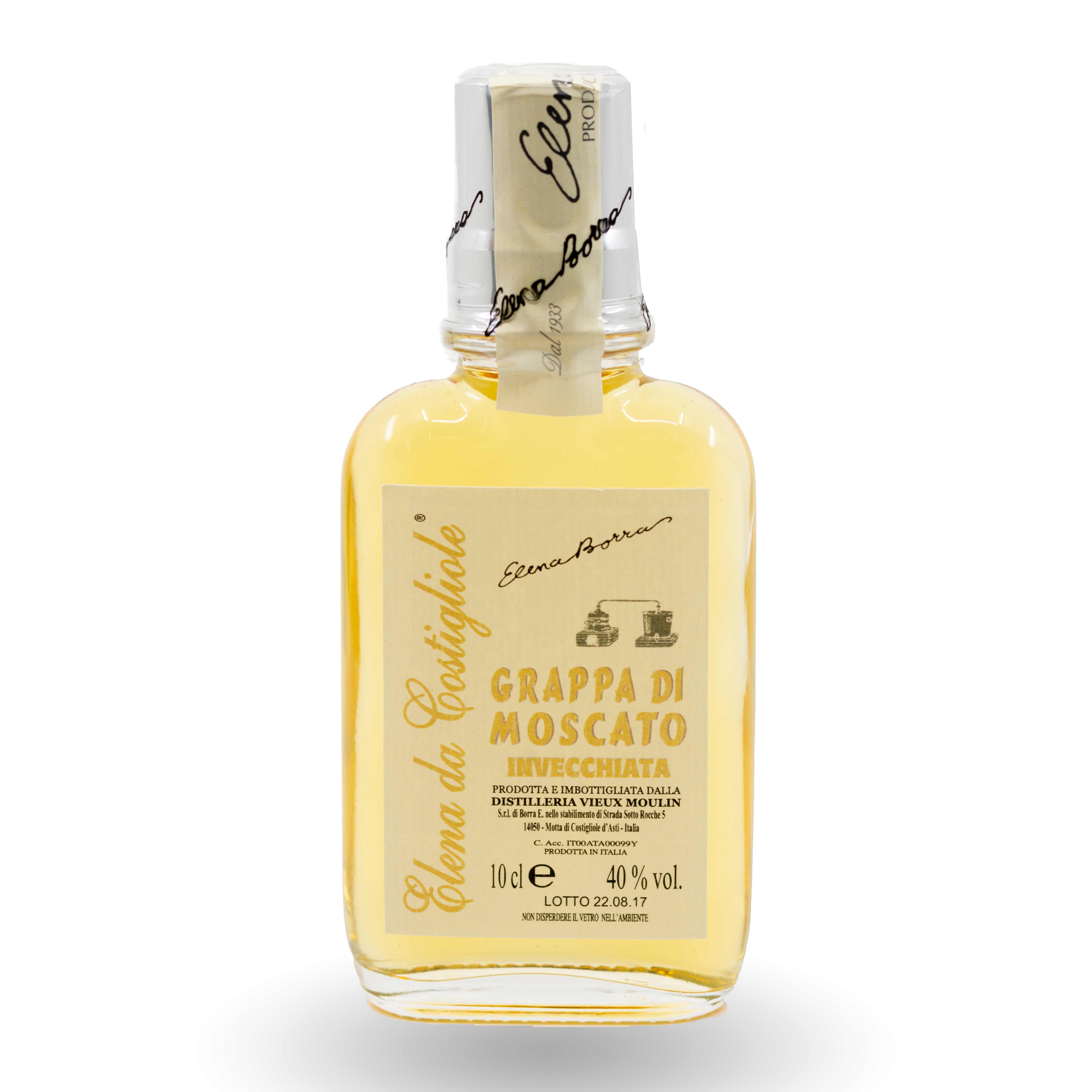 Elena da Costigliole, Grappa Moscato invecchiata 40° aus dem Piemont, Italien, 100 ml Flasche.