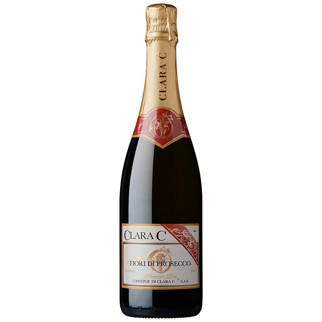 Flasche Clara C Fiori di Prosecco mit goldener Folie und rotem Etikett auf weissem Hintergrund.