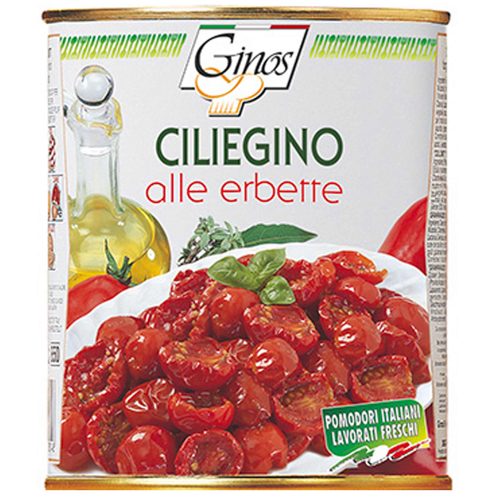 Ginos Pomodorini Ciliegini Semidry mit Kräutern in Sonnenblumenöl, 770g Glas.