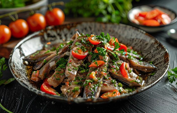 eine Schüssel Rindfleisch mit Tomaten und Kräutern  Bild auf vieni.ch