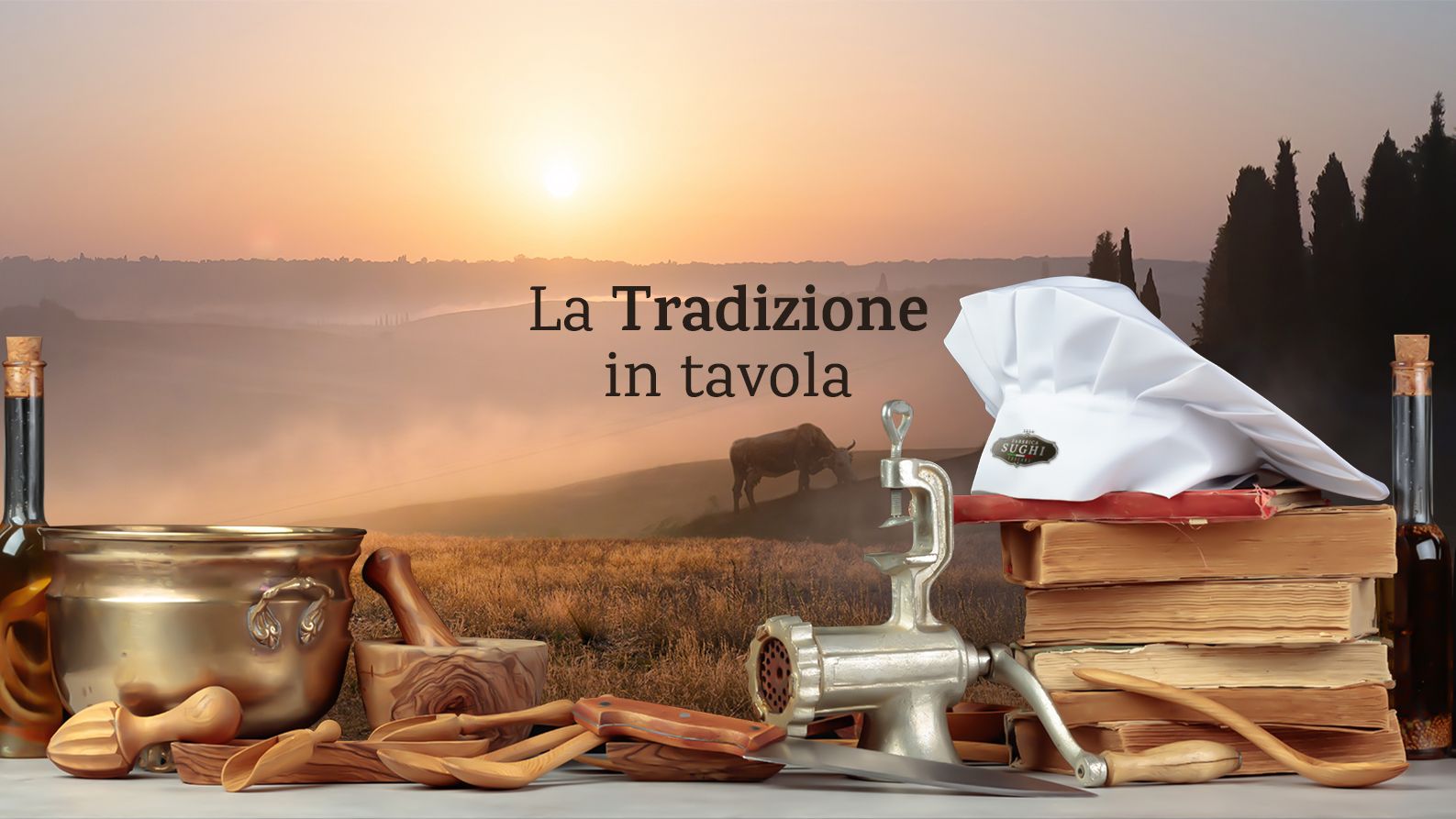 Italienische Tradition mit Pasta, Wein und Küchenutensilien – La Tradizione in tavola