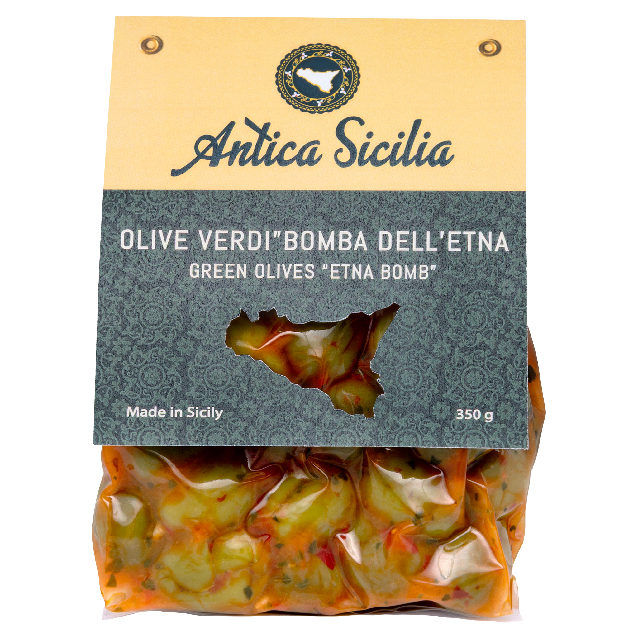 Antica Sicilia grüne Oliven 'Bomba dell'Etna' in transparenter Verpackung mit Sizilien-Ausschnitt, 350 g.
