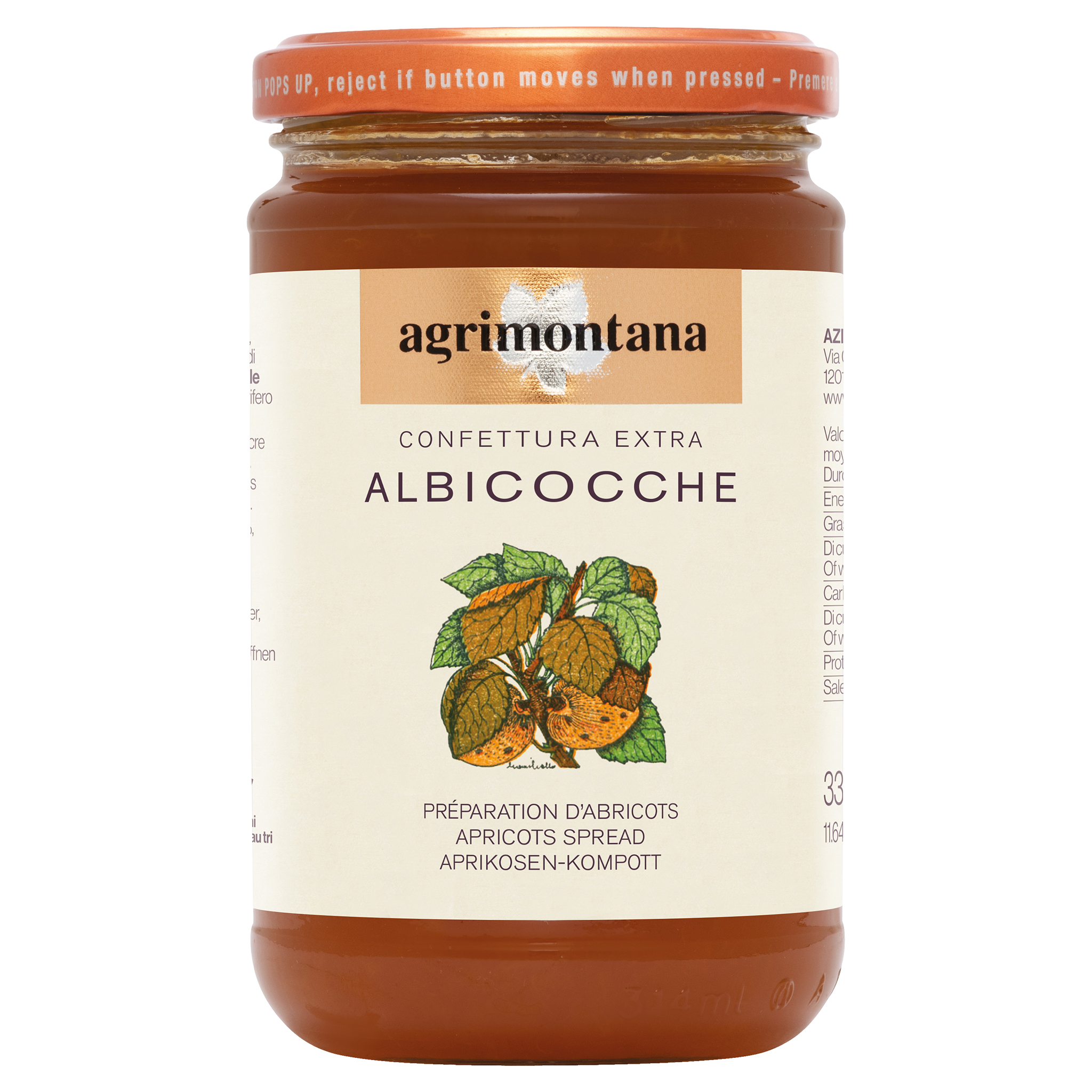 Agrimontana Aprikosen-Konfitüre im Glas mit orangefarbenem Deckel und Etikett mit Aprikosen-Illustration.