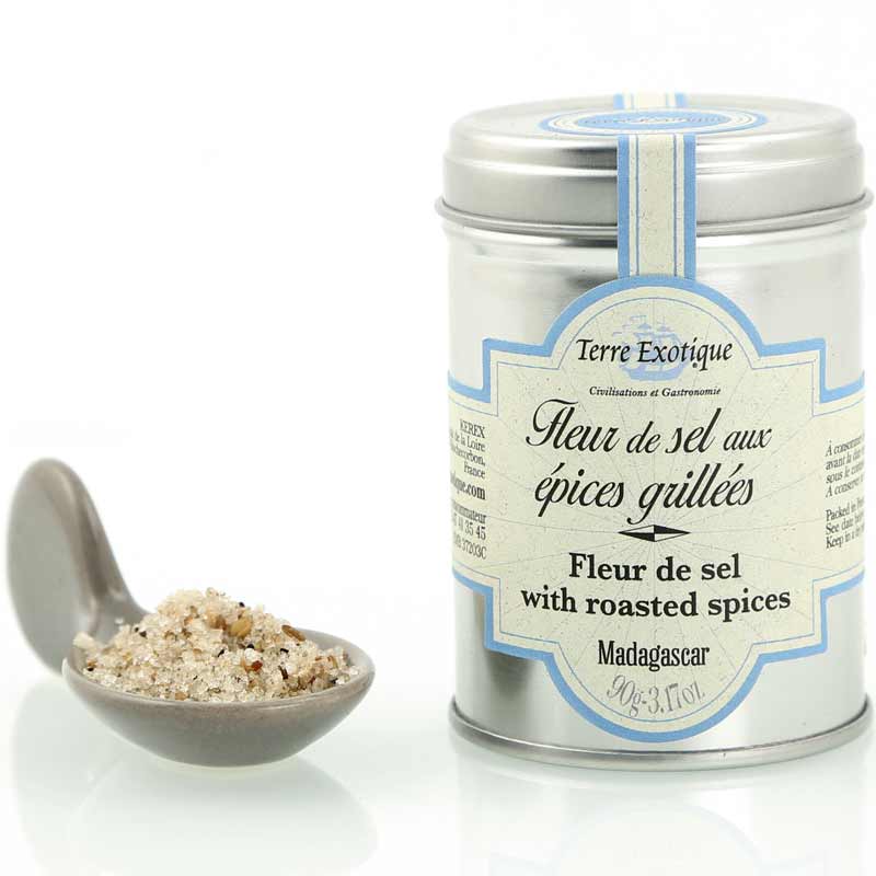 Terre Exotique Fleur de sel mit gegrillten Gewuerzen, 90 g Packung aus Frankreich.