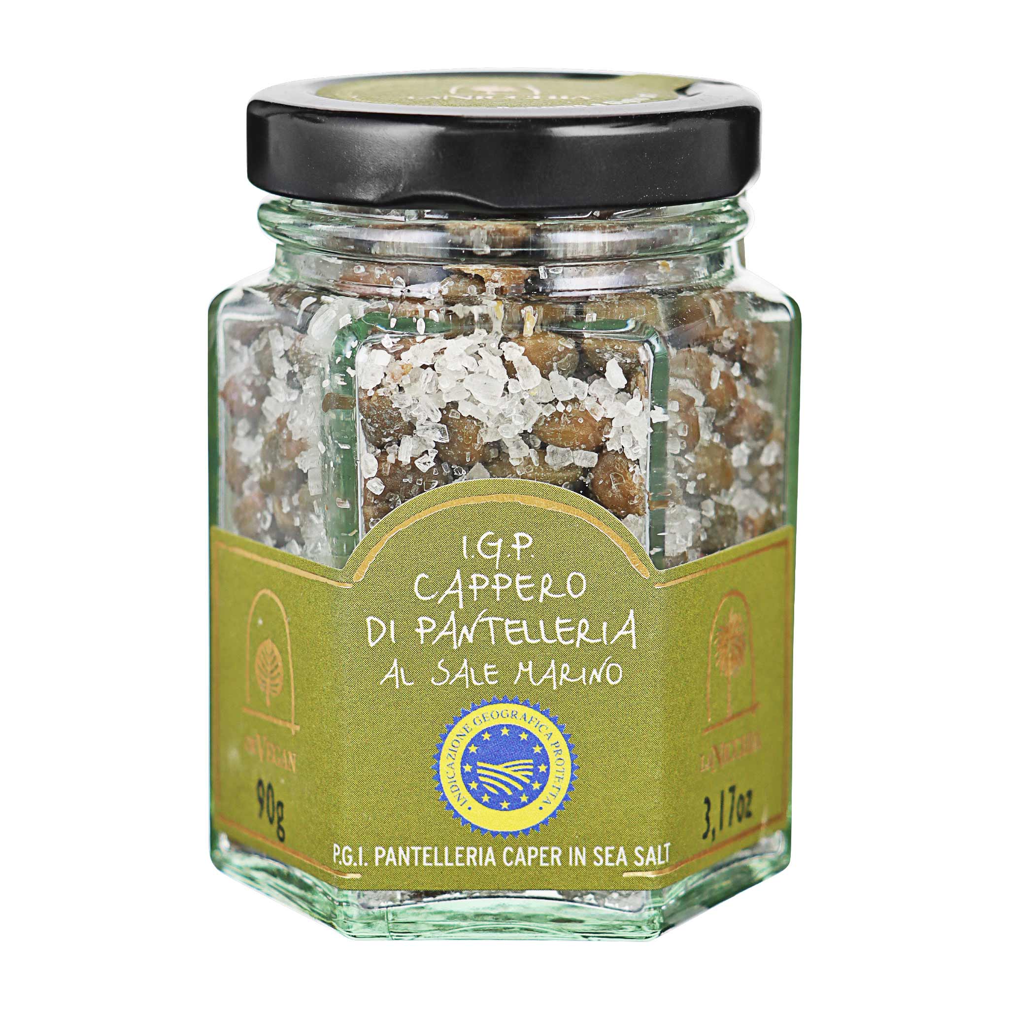 Glas mit La Nicchia Capperi di Pantelleria IGP al Sale Marino, 90g, aus Sizilien.