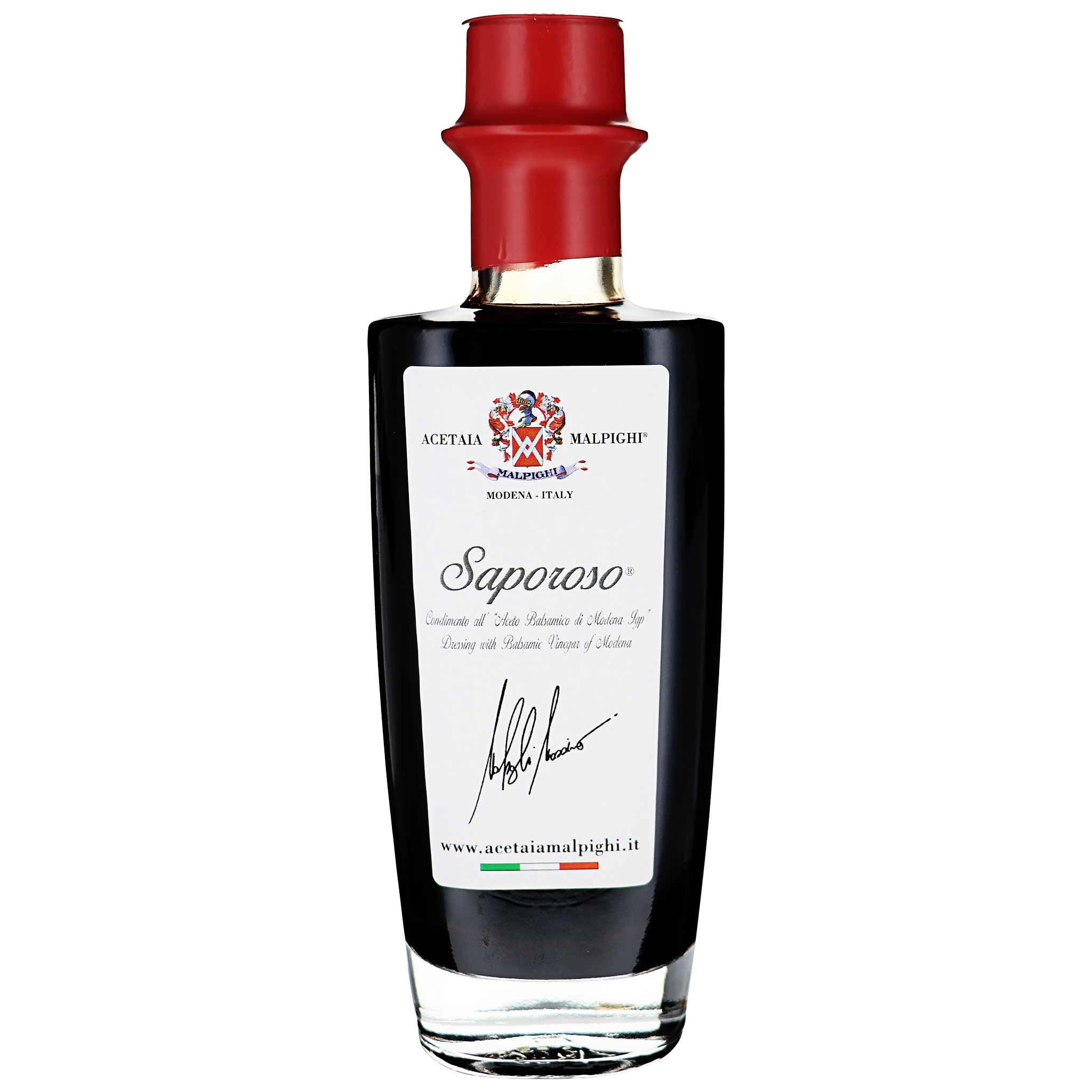 Acetaia Malpighi Saporoso in Astuccio, 7 Jahre gereifter Balsamico-Essig mit Dosierer, 200 ml, aus Italien.
