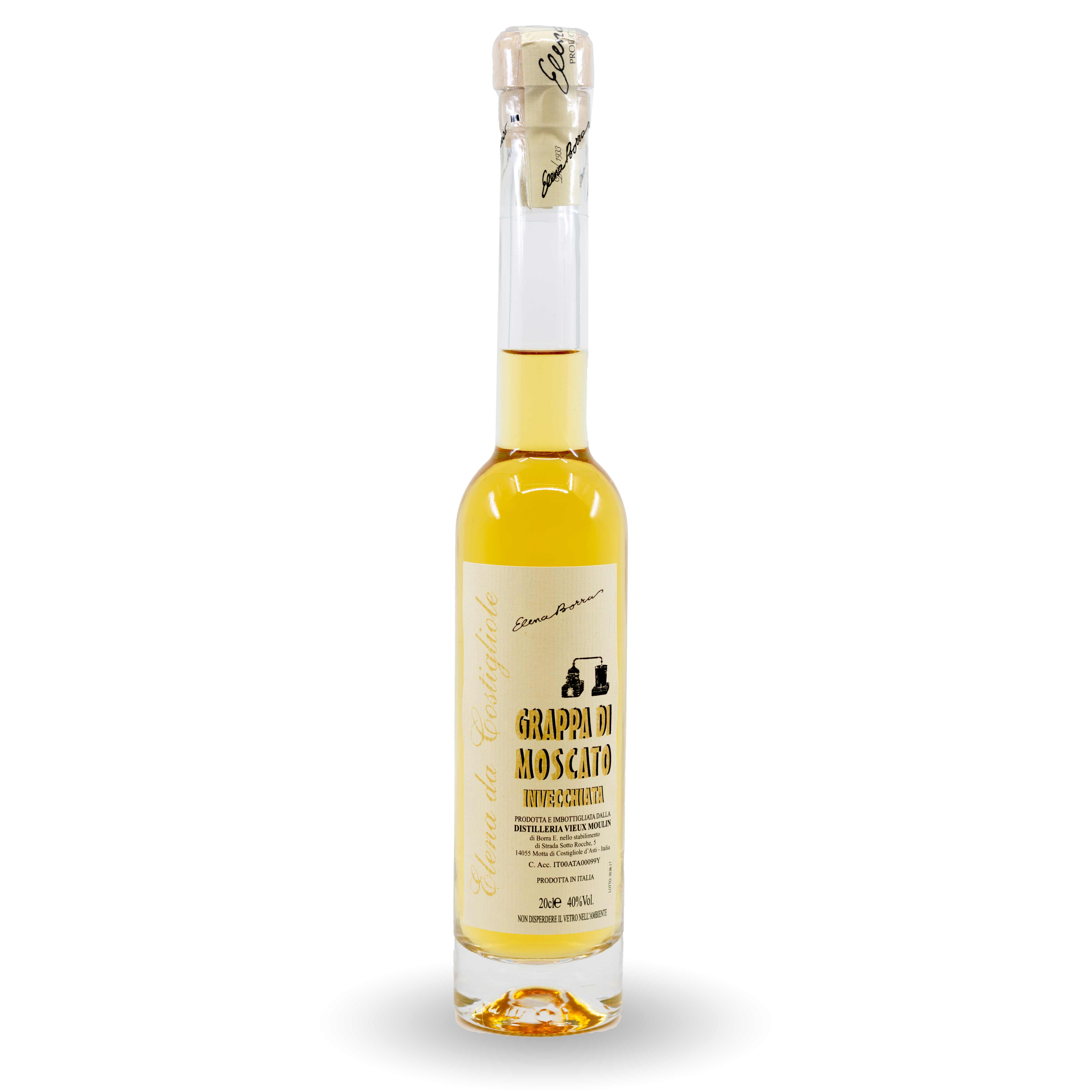 Elena da Costigliole Grappa Moscato invecchiata 40° aus Piemont, Italien, 200 ml Flasche.