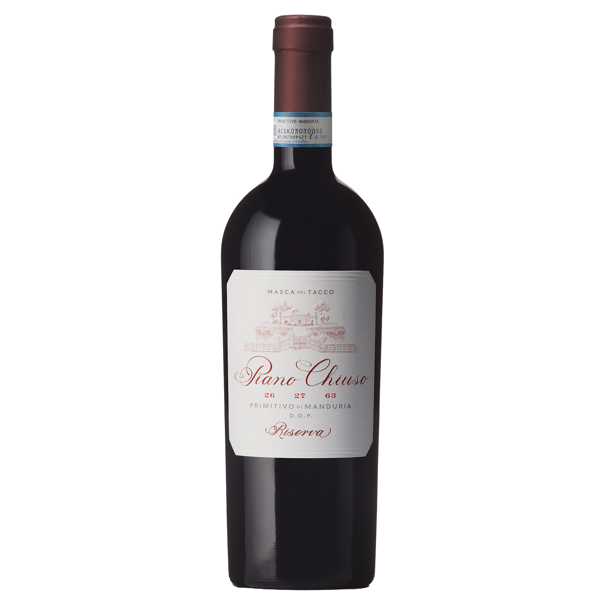 Dunkelrote Weinflasche Masca del Tacco Piano Chiuso Primitivo di Manduria DOP Riserva auf weissem Hintergrund.