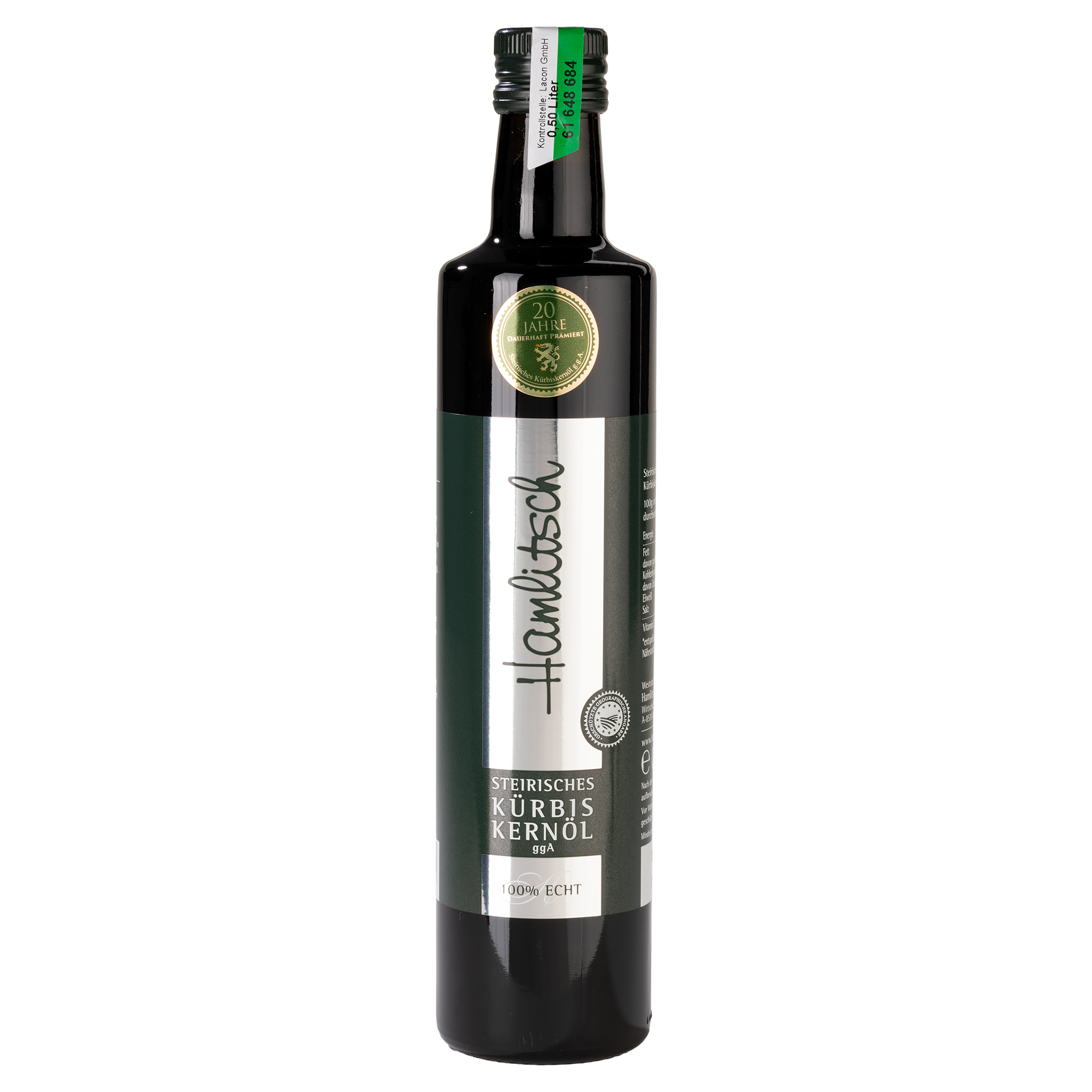 Dunkle Flasche Hamlitisch Steirisches Kürbiskernöl g.g.A., 0,50 Liter, mit silbernem Etikett und grüner Banderole.