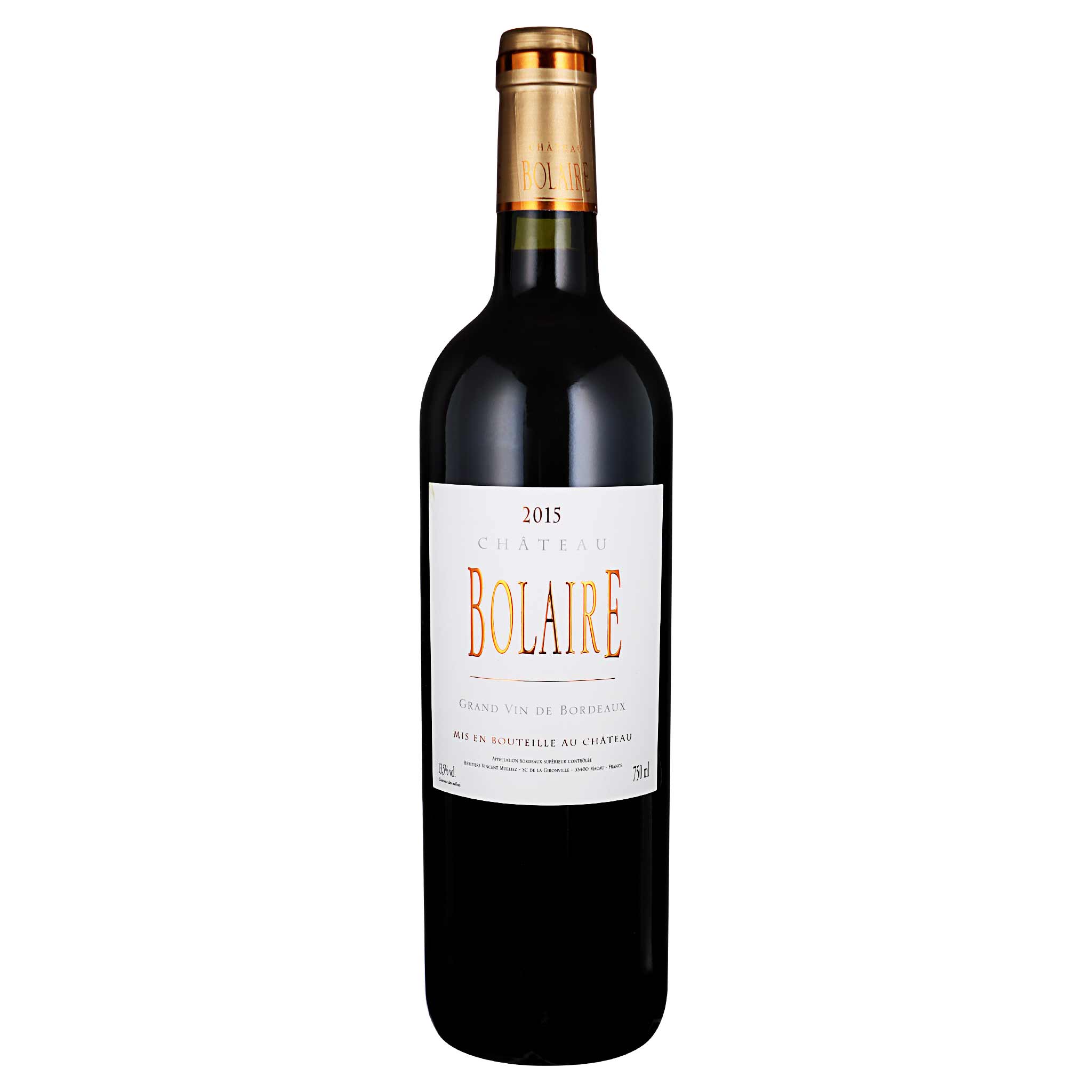Rote Weinflasche Château Bolaire 2015 aus Bordeaux, Frankreich, mit weissem Etikett und goldener Kapsel.