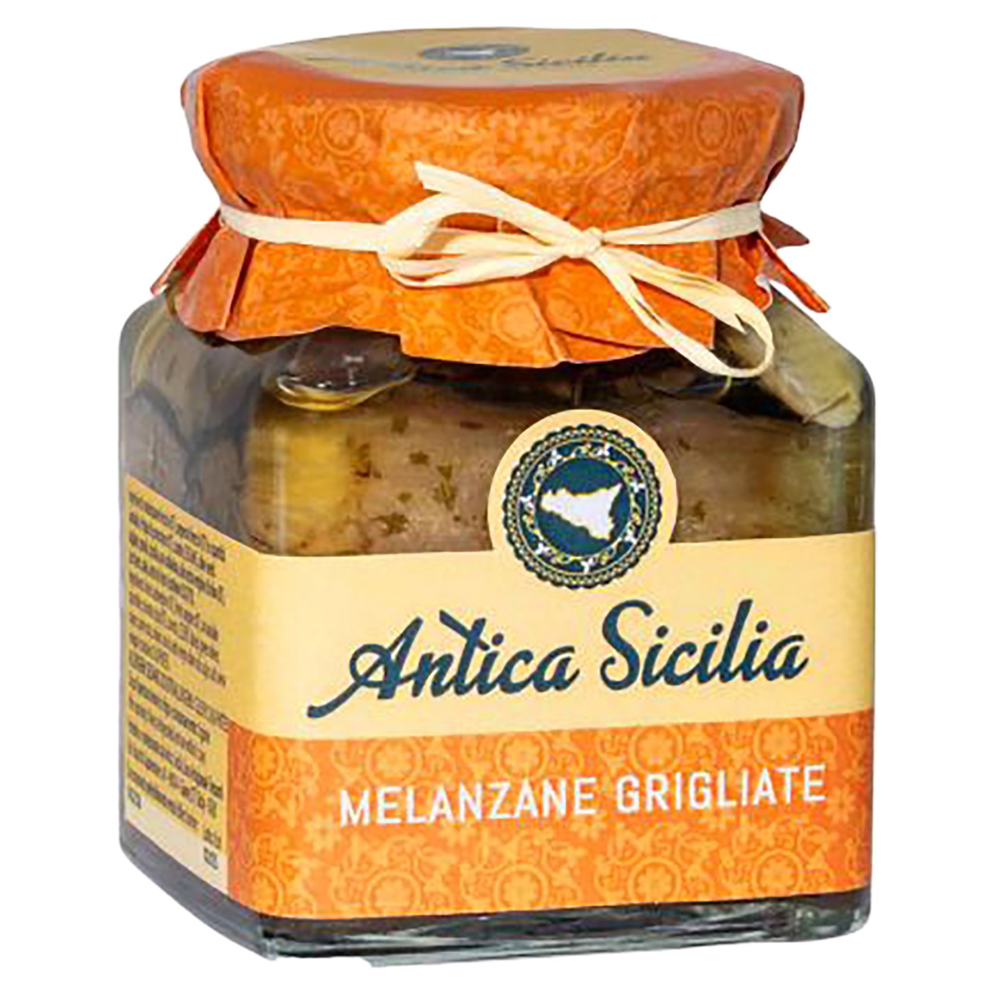 Antica Sicilia Melanzane Grigliate im Glasgefäss mit orangefarbenem Deckeltuch und Schleife