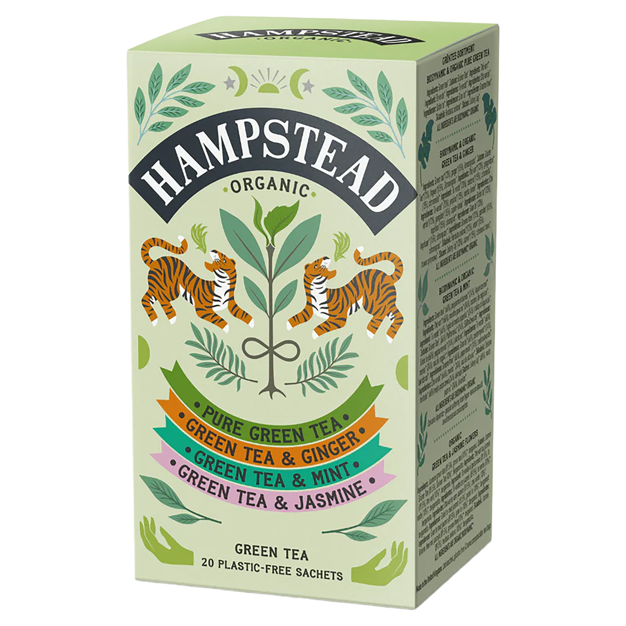 Grüne Teebox Hampstead Organic mit Tigern und Teepflanze, Aufschrift: Grüner Tee, 20 plastikfreie Beutel.