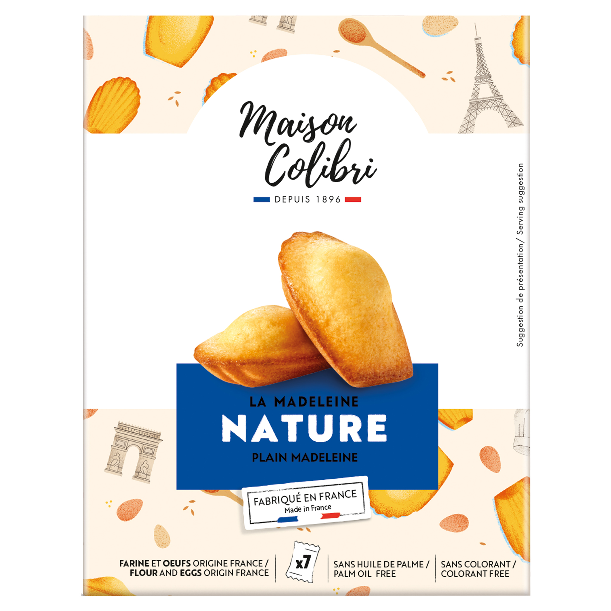 Verpackung Maison Colibri Madeleines Nature. Zwei goldbraune Madeleines, französische Wahrzeichen im Hintergrund. Made…