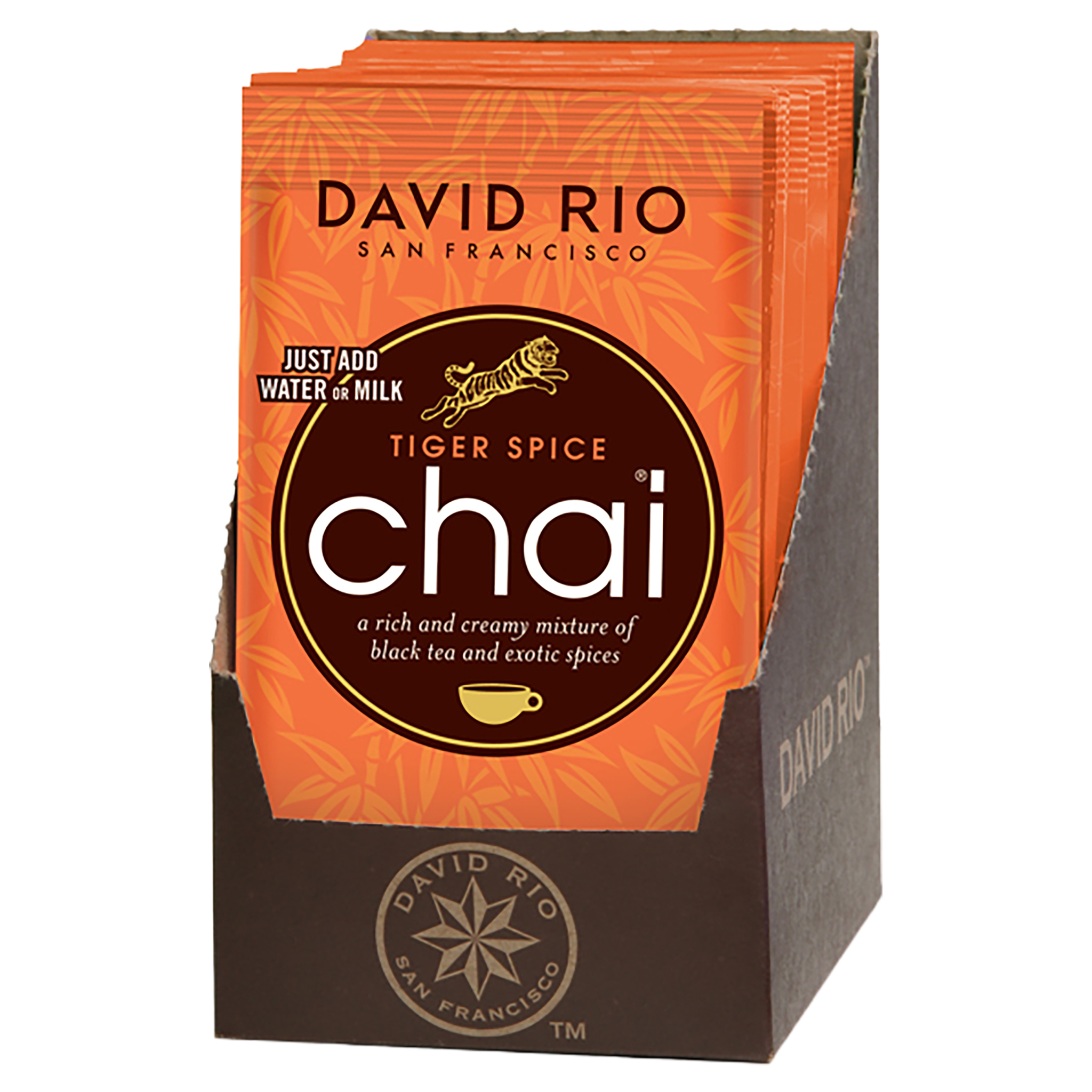 Displaybox mit David Rio Tiger Spice Chai Sachets. Die orangefarbenen Sachets zeigen einen springenden Tiger, den…
