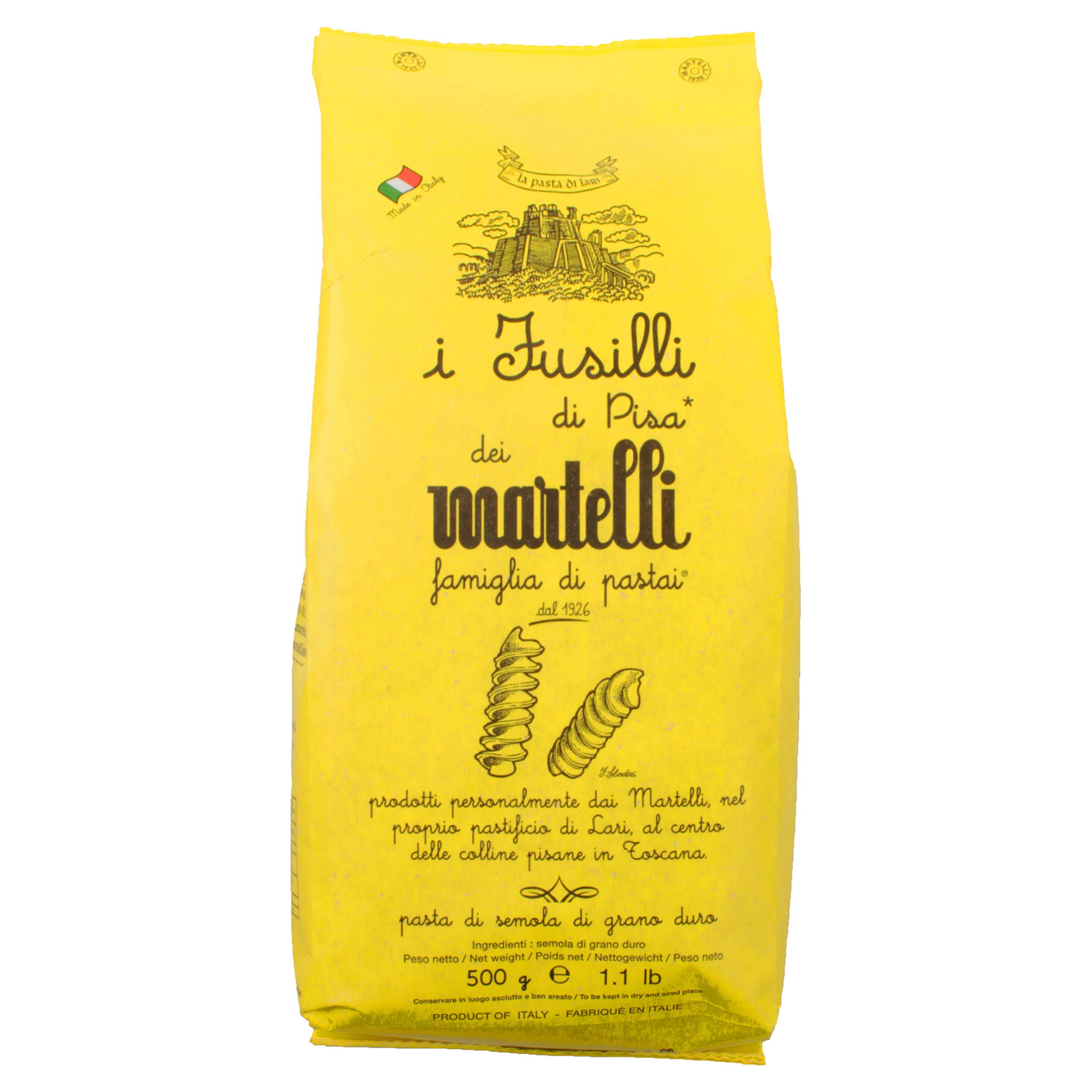 Gelbe Packung Martelli Fusilli Pasta aus Hartweizengriess, 500g, mit Illustrationen und italienischer Flagge.