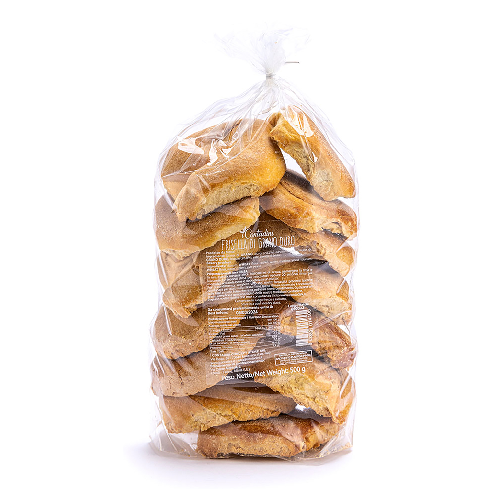 Transparenter Beutel mit goldbraunen Friselle aus Hartweizen, Aufschrift Contadini, 500 g