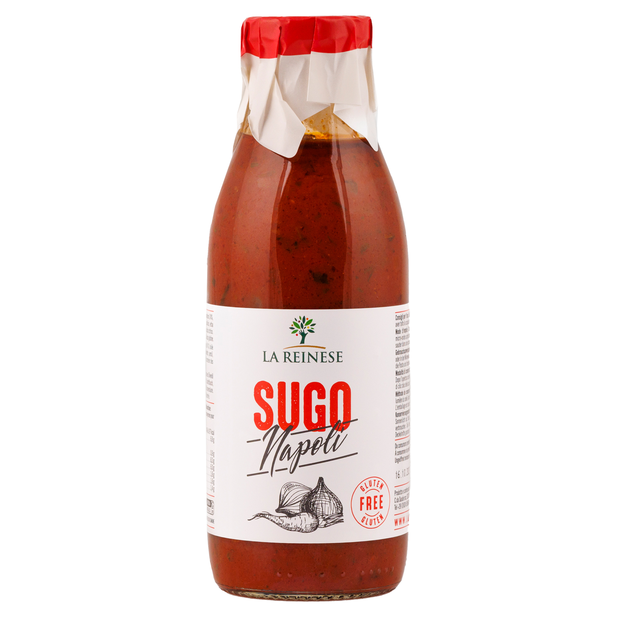 Glasflasche mit roter Sugo Napoli von La Reinese. Weisses Etikett mit Zwiebel, Karotte und 'Gluten Free' Aufschrift.